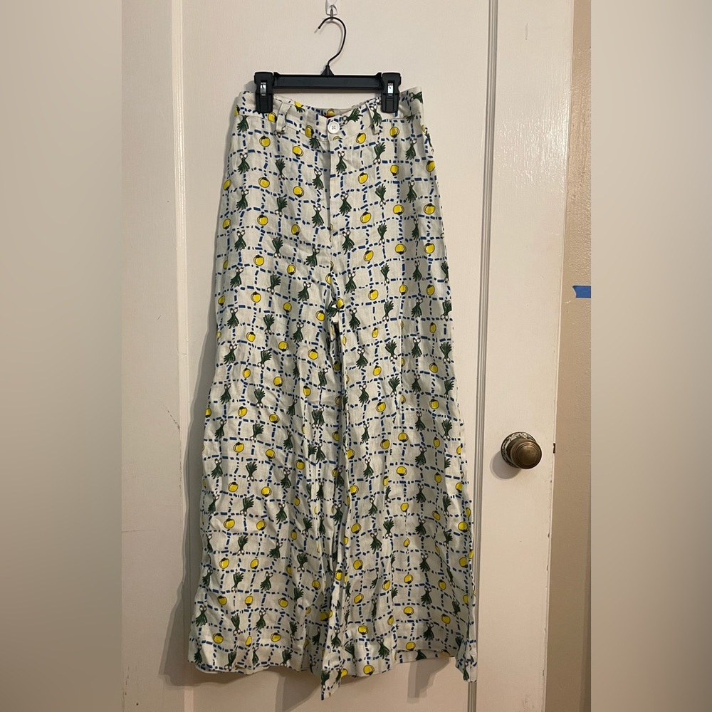 STAUD wide leg high rise vegetable print linen pants (Plum Pants) Size 6